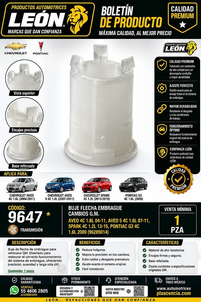 BUJE FLECHA EMBRAGUE CAMBIOS G.M. AVEO 4C. 1.6L 04-11, AVEO 5 4C. 1.6L 07-11, SPARK 4C. 1.2L 13-15, PONTIAC G3 4C. 1.6L 2009 (96285014)