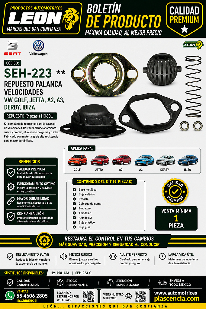 REPUESTO PALANCA VEL. VW GOLF, JETTA, A2, A3, DERBY, IBIZA REPUESTO (9 pzas.) HO601