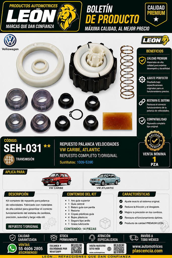 REPUESTO PALANCA VEL. VW CARIBE, ATLANTIC REPUESTO COMPLETO T/ORIGINAL