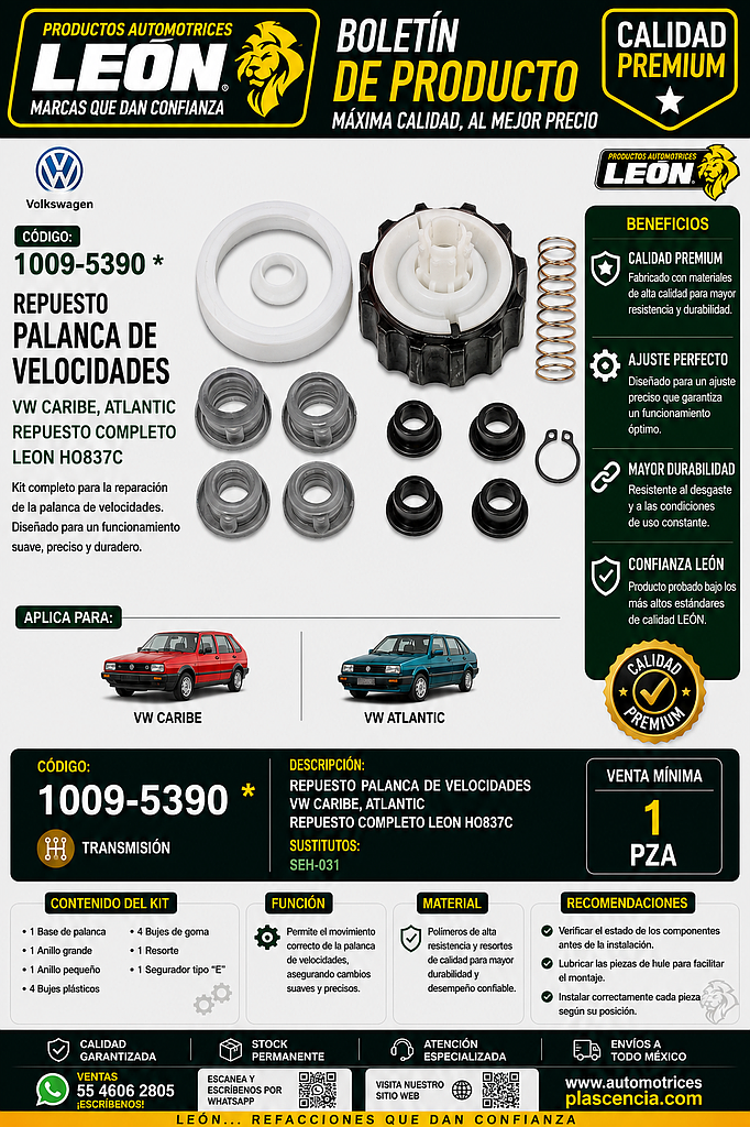 REPUESTO PALANCA VEL. VW CARIBE, ATLANTIC REPUESTO COMPLETO LEON HO837C