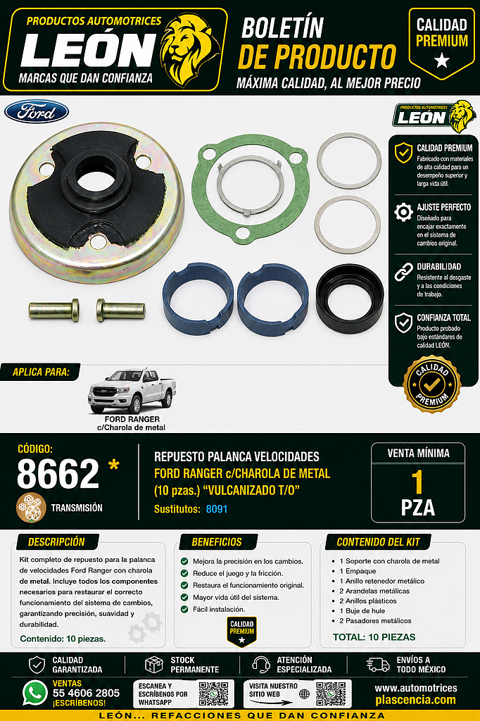 REPUESTO PALANCA VEL. FORD RANGER c/CHAROLA DE METAL (10 pzas.) “VULCANIZADO T/O”