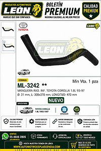 MANGUERA RAD. INF. TOYOTA COROLLA 1.8L 93-97 Ø: 31 mm, L: 300x370 mm, LONGITUD: 470 mm