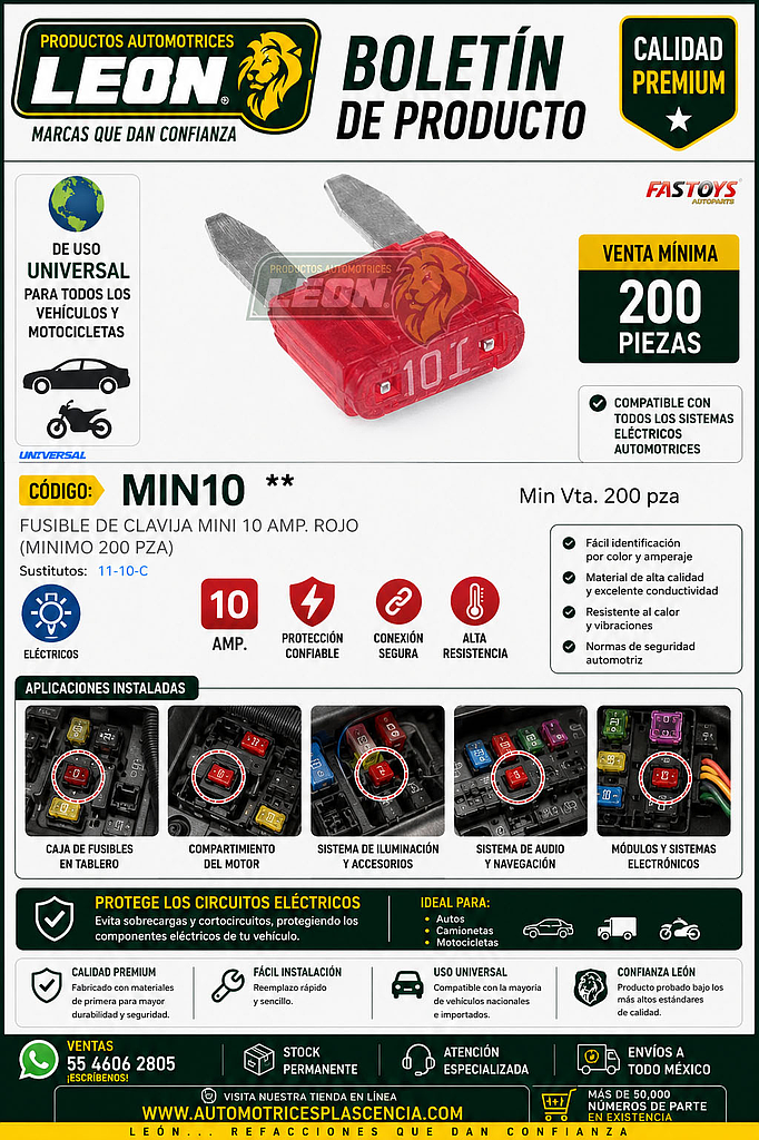 FUSIBLE DE CLAVIJA MINI 10 AMP. ROJO (MINIMO 200 PZA)