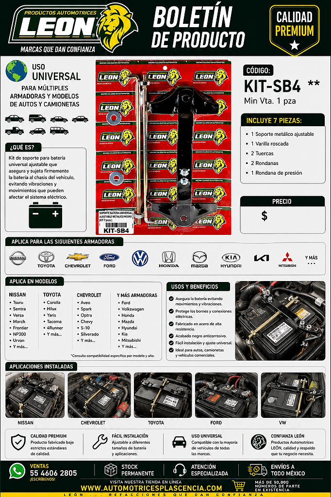 KIT SOPORTE BATERIA UNIVERSAL AJUSTABLE METALICO NEGRO (7 pzas.)