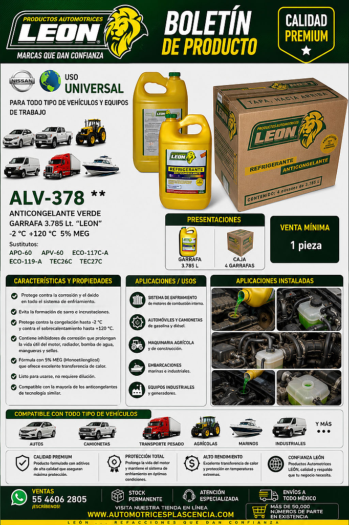 ANTICONGELANTE VERDE GARRAFA 3.785 Lt. “LEON” -2 °C +120 °C 5% MEG