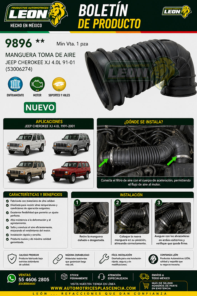 MANGUERA TOMA DE AIRE JEEP CHEROKEE XJ 4.0L 91-01 (53006274)