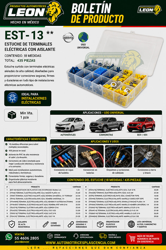 ESTUCHE DE TERMINALES ELECTRICAS CON AISLANTE CONT. 18 MED. = 435 pzas.