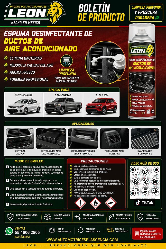 ESPUMA DESINFECTANTE P/DUCTOS DE AIRE ACONDICIONADO (LEÓN) 400 ml.