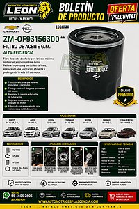 FILTRO ACEITE G.M. CHEVY 94-12 1.4, 1.6L, AVEO 04-14 1.6L, CORSA 02-08 1.8L 02-03 1.4L, TORNADO 04-12 1.8L, ASTRA 02-06 2.0L, CAVALIER 95-05 2.2L, CAVALIER Z24 90-94 V6 3.1L, OPTRA 07-10 2.0L “CORTO” (ML-1000, GP-46M OF-3387) ROSCA 18x1.5 mm (HT-3387)