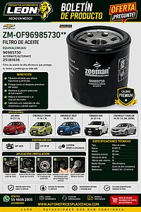 FILTRO ACEITE G.M. AVEO 19-23 1.5L. SPARK 11-16 1.2L BEAT 18-20 1.2L. TORNADO VAN 22-23 1.5L. CAVALIER 19-20 1.5L (ML 68/85) GP-409- OF2518 CUERDA M18X1.5 (25181616)