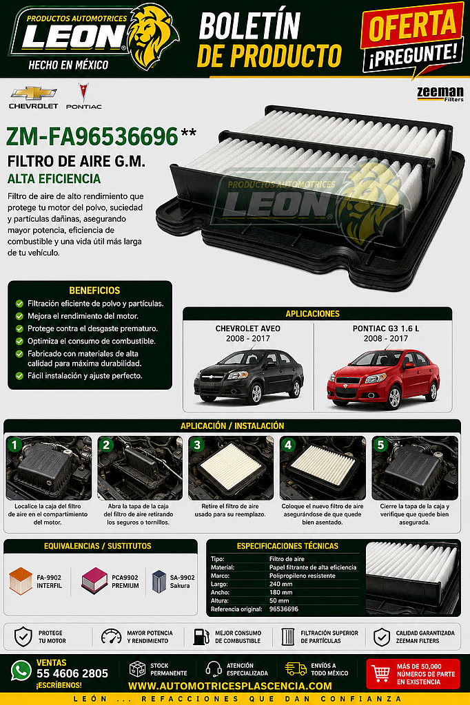 FILTRO AIRE G.M.  AVEO 08-17, PONTIAC G3 1.6 L 08-17 (GA-324, F-9902, FA-9902, SA-9902, PCA9902)