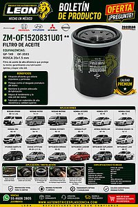 FILTRO ACEITE NISSAN URVAN 00-12 2.5L, NV350 13-17, NV3500 12-18, HONDA ACCORD 84-13, CITY 10-19, CIVIC 88-19, CRV 05-19, FIT 06-19, ODYSSEY 95-19, PILOT 05-19, RIDGELINE 07-19, HUYNDAI GRAND I10 15-17, SANTA FE 17-19, DODGE ATTITUDE 05-20 L3 1.2L, MITSUBISHI MIRAGE 00-20, LANCER 02-17, OUTLANDER 10-18, L200 08-17 (GP-149, OF-3593) ROSCA 20x1.5 mm