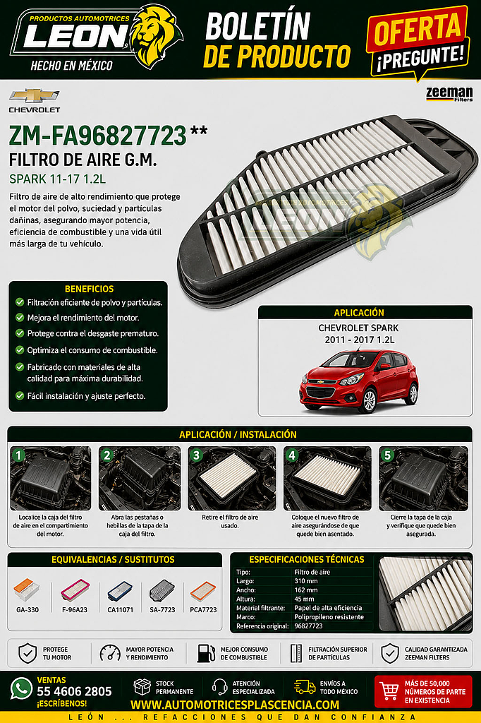 FILTRO AIRE G.M. SPARK 11-17 1.2L (GA-330, F-96A23, CA11071, SA-7723, PCA7723)