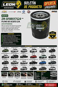 FILTRO ACEITE G.M. SPARK 1.4L 16-21, CRUZE 1.4L 16-18, ONIX 1.0L 20-22, CAPTIVA 1.5L 22-24, 3.0L 08-14, EQUINOX 1.5L 18-20, AVALANCHE 5.3L 07-13, SUBURBAN 5.3L 07-13, S10 2.5L 99-17, MG GT 22-24, ONE 24-25, RX5 1.5L 24-25, GEELY COOLRAY 1.5L 24-25, CAPTIVA 1.5L 22-25, CAPTIVA SPORT 3.0L 12-15, SILVERADO 1500, 2500, 3500 07-18, SUBURBAN 1500, 2500, 3500 07-19, TRACKER 1.2L 21-25, TRAVERSE 3.6L 09-10, VW ROUTAN 09-15, DODGE JOURNEY 2.4L 09-20, JOURNEY 1.5L 22-24, CALIBER 1.8, 2.0, 2.4L 07-12, AVENGER 2.0, 2.4 3.5L 08-14, JEEP COMPAS PATRIOT 07-19 (GP406, OF10060, PH10060, ML1030) CUERDA 22x1.5 mm