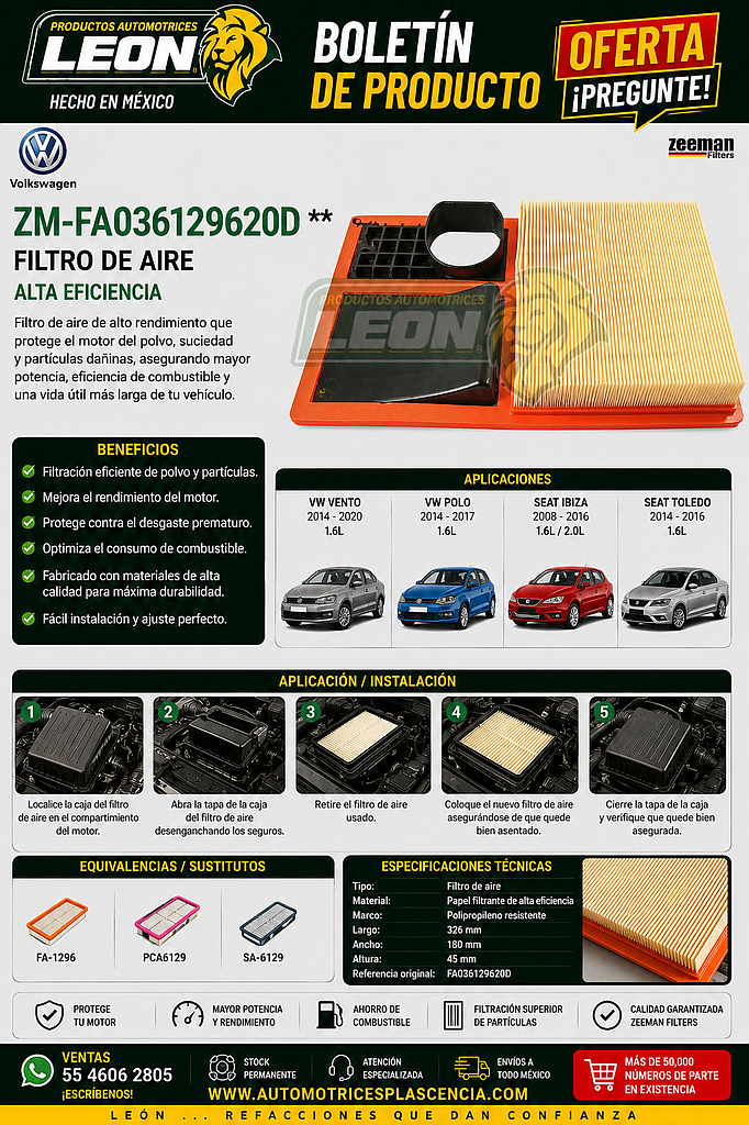 FILTRO AIRE VW VENTO 14-20 1.6L, POLO 14-17 1.6L, SEAT IBIZA 08-16 1.6, 2.0L, TOLEDO 14-16 1.6L (GAVW-630, F-12A96, PCA6129, SA-6129)