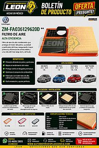 FILTRO AIRE VW VENTO 14-20 1.6L, POLO 14-17 1.6L, SEAT IBIZA 08-16 1.6, 2.0L, TOLEDO 14-16 1.6L (GAVW-630, F-12A96, PCA6129, SA-6129)