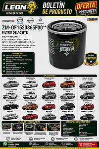 FILTRO ACEITE NISSAN TIIDA 07-18, VERSA 07-19, MARCH 11-19, KICKS 18-20, ALTIMA 07-18 2.5, 3.5L, FRONTIER 00-18, JUKE 11-17, ROGE 08-18, SENTRA 96-18, X-TRAIL 02-17, MAXIMA 06-18, MURANO 04-19, NOTE 14-18, PATHFINDER 02-18, DODGE ATOS 01-12, MAZDA 2 11-16, 3 12-18, 6 14-18, RENAULT KOLEOS 09-17, FLUENCE 11-17 (GP-91, OF-6607) ROSCA 20x1.5 mm