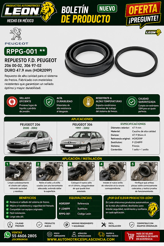 REPUESTO F.D. PEUGEOT 206 00-02, 306 97-02 DURO 47.9 mm  (HOR209P)