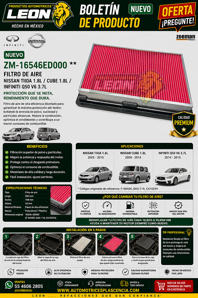 FILTRO AIRE NISSAN TIIDA 1.8L 05-15, CUBE 1.8L 09-14, INFINITI Q50 V6 3.7L 14-15, (F-60A00, GAD-116, CA10234)