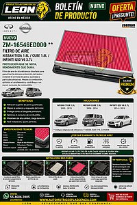 FILTRO AIRE NISSAN TIIDA 1.8L 05-15, CUBE 1.8L 09-14, INFINITI Q50 V6 3.7L 14-15, (F-60A00, GAD-116, CA10234)
