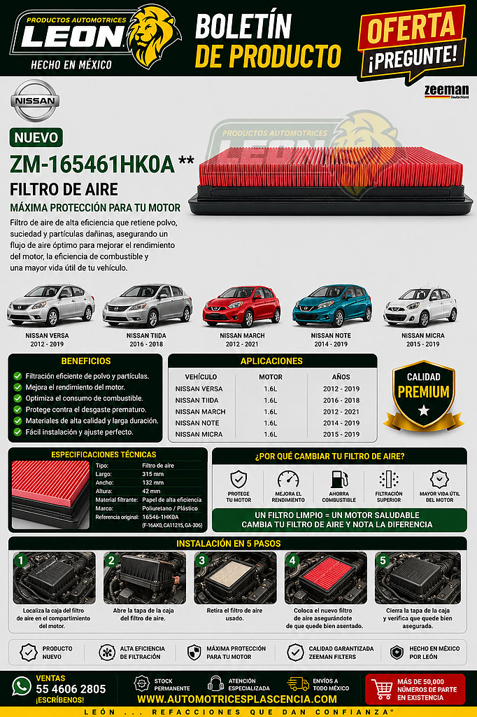 FILTRO AIRE NISSAN VERSA 1.6L 12-19, TIIDA 1.6L 16-18, MARCH 1.6L12-21, NOTE 1.6L 14-19, MICRA 1.6L 15-19 (F-16AK0, CA11215, GA-306)
