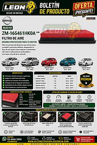 FILTRO AIRE NISSAN VERSA 1.6L 12-19, TIIDA 1.6L 16-18, MARCH 1.6L12-21, NOTE 1.6L 14-19, MICRA 1.6L 15-19 (F-16AK0, CA11215, GA-306)