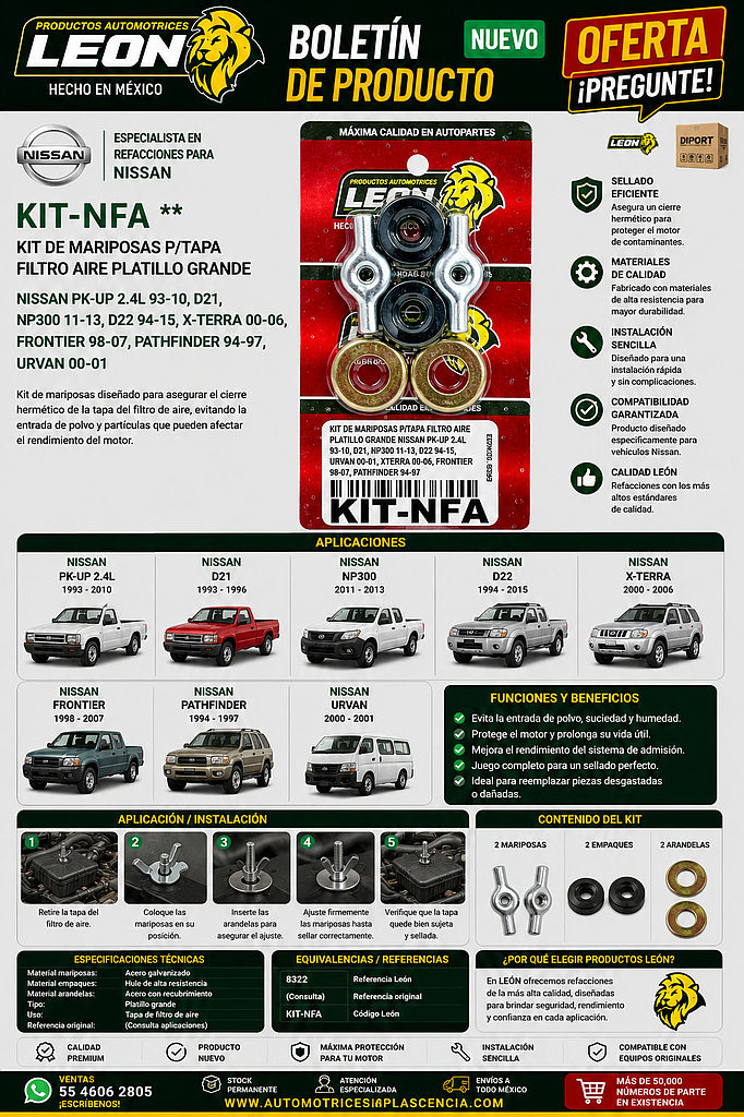 KIT DE MARIPOSAS P/TAPA FILTRO AIRE PLATILLO GRANDE NISSAN PK-UP 2.4L 93-10, D21, NP300 11-13, D22 94-15, X-TERRA 00-06, FRONTIER 98-07, PATHFINDER 94-97, URVAN 00-01
