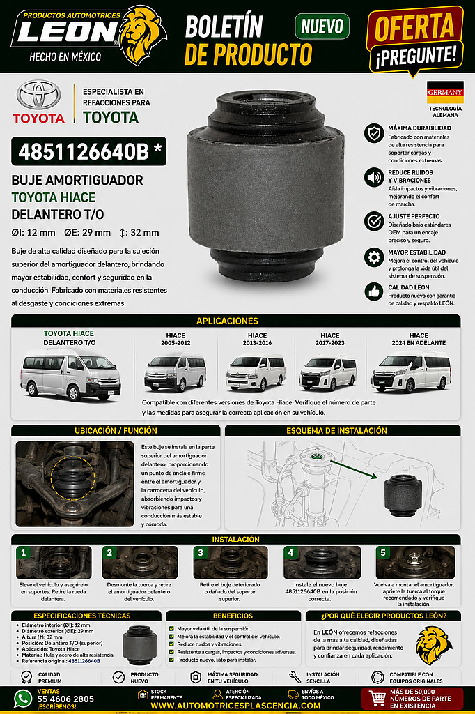 BUJE AMORTIGUADOR TOYOTA HIACE DELANTERO T/O ØI: 12 mm ØE: 29 mm ↕: 32 mm