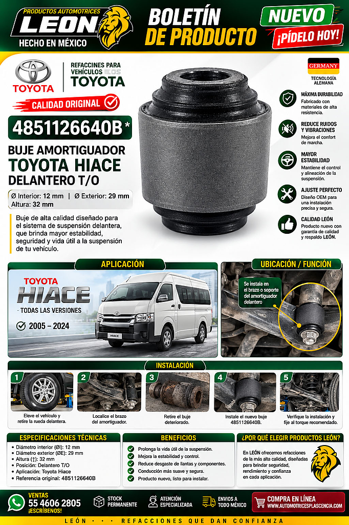 BUJE AMORTIGUADOR TOYOTA HIACE DELANTERO T/O ØI: 12 mm ØE: 29 mm ↕: 32 mm