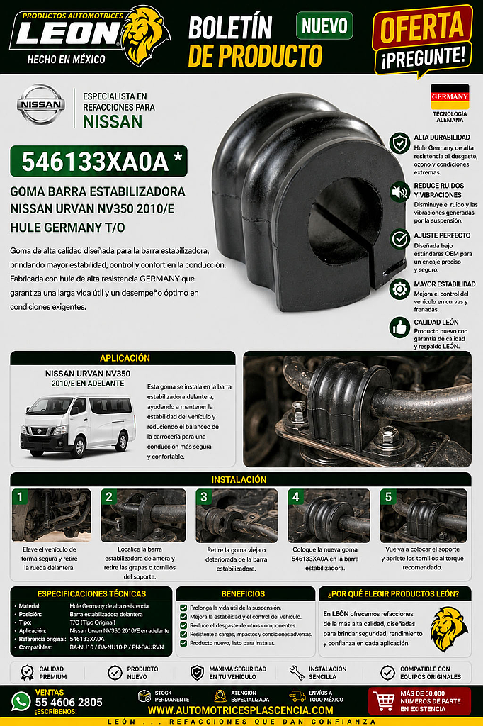 GOMA BARRA ESTABILIZADORA NISSAN URVAN NV350 2010Æ HULE GERMANY T/O