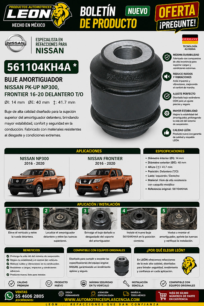 BUJE AMORTIGUADOR NISSAN PK-UP NP300, FRONTIER 16-20 DELANTERO T/O ØI: 14 mm ØE: 40 mm ↕: 41.7 mm