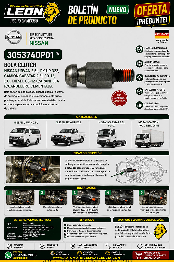 BOLA CLUTCH NISSAN URVAN 2.5L, PK-UP D22, CAMION CABSTAR 2.5L 00-12, 3.0L DIESEL 08-12 C/ARANDELA P/CANDELERO CEMENTADA