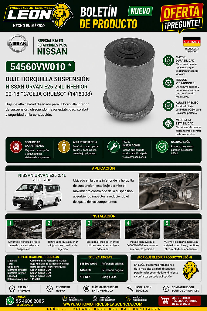 BUJE HORQUILLA SUSPENSION NISSAN URVAN E25 2.4L INFERIOR 00-18 “c/CEJA GRUESO” (1416008)