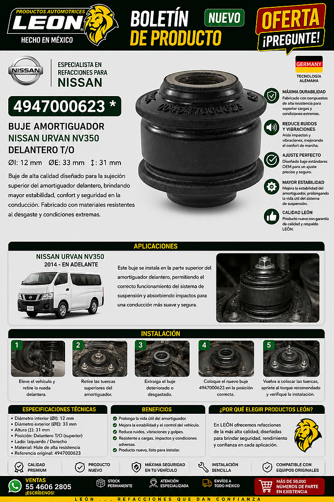 BUJE AMORTIGUADOR NISSAN URVAN NV350 DELANTERO T/O ØI: 12 mm ØE: 33 mm ↕: 31 mm