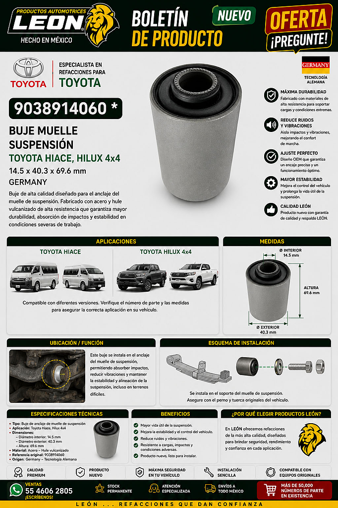 BUJE MUELLE SUSPENSION TOYOTA HIACE, HILUX 4x4 14.5x40.3x69.6 mm GERMANY