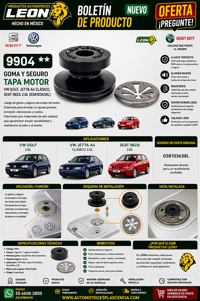 GOMA Y SEGURO TAPA MOTOR VW GOLF, JETTA A4 CLASICO, SEAT IBIZA 2.0L (038103638L)