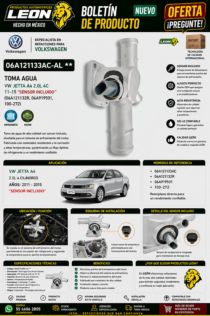 TOMA AGUA VW JETTA A4 2.0L 4C 11-15 “SENSOR INCLUIDO” (06A121132R, 06A919501, 100-272)