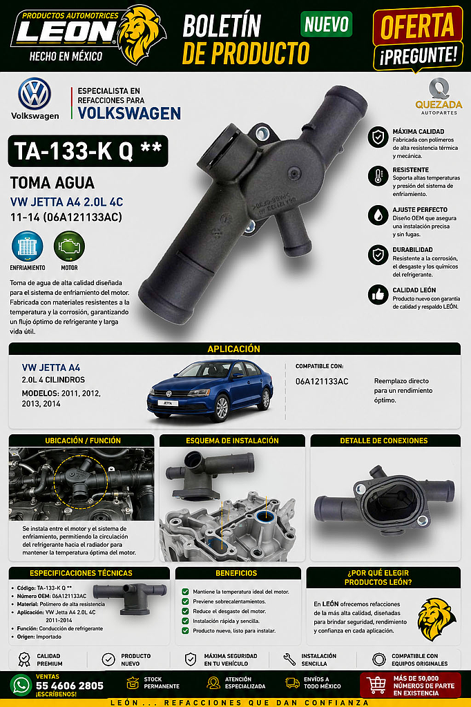 TOMA AGUA VW JETTA  A4 2.0L 4C 11-14 (06A121133AC)