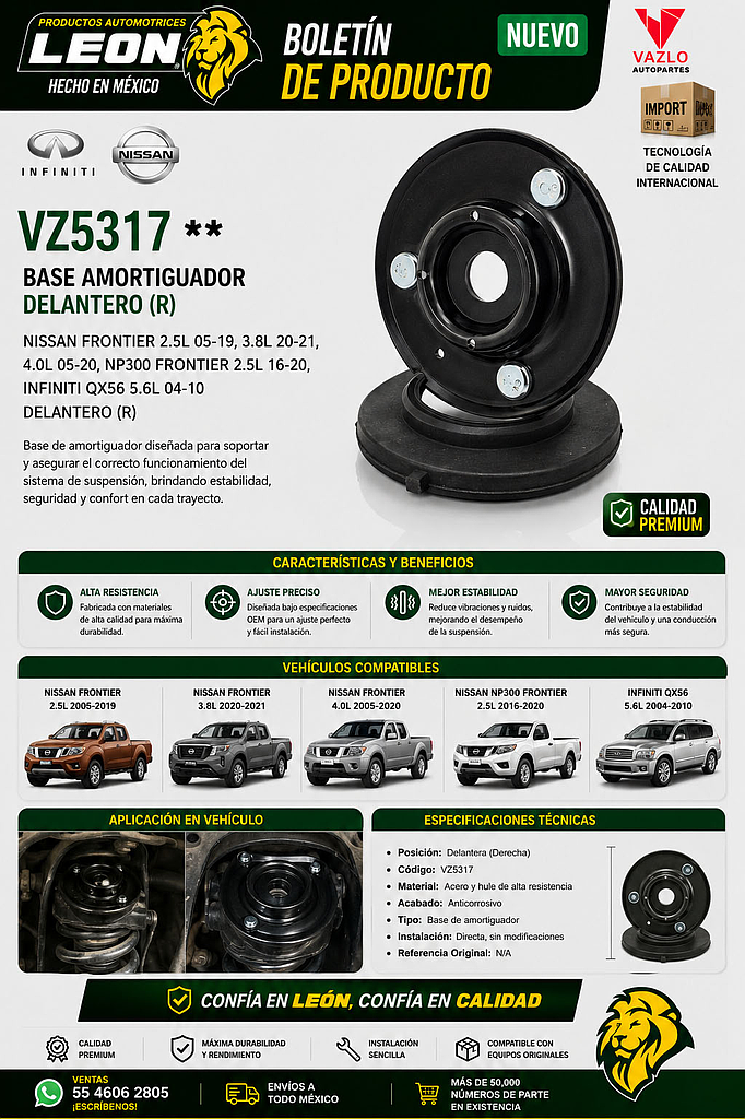 BASE AMORTIGUADOR NISSAN FRONTIER 2.5L-05-19, 3.8L 20-21, 4.0L 05-20, NP300 FRONTIER 2.5L 16-20, INFINITI QX56 5.6L 04-10 DELANTERO (R)