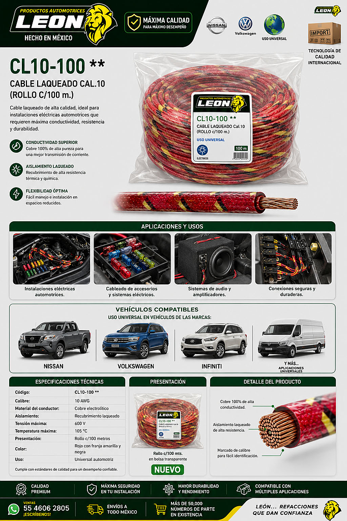 CABLE LAQUEADO Cal.10 (ROLLO c/100 m.)