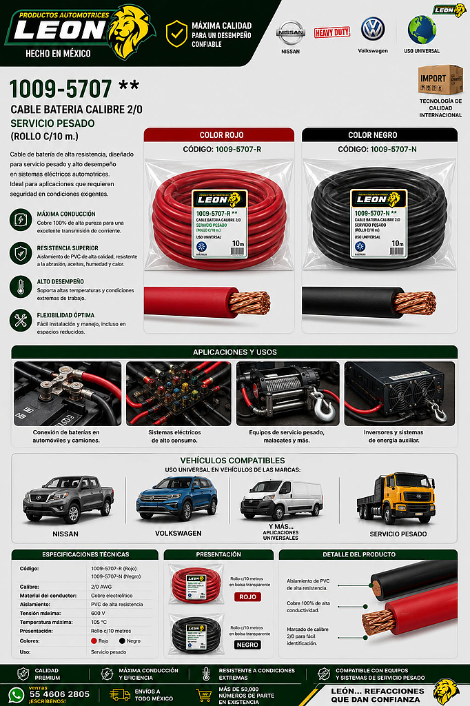 CABLE BATERIA CALIBRE 2/0 SERVICIO PESADO (ROLLO c/10 mt.)