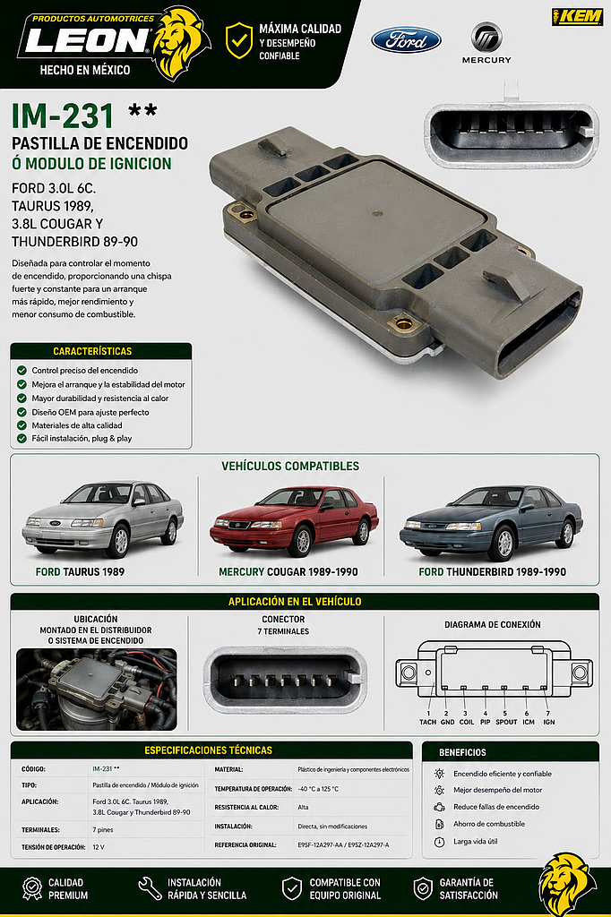 PASTILLA DE ENCENDIDO ó MODULO DE IGNICION FORD 3.0L 6C. TAURUS 1989, 3.8L COUGAR Y THUNDERBIRD 89-90