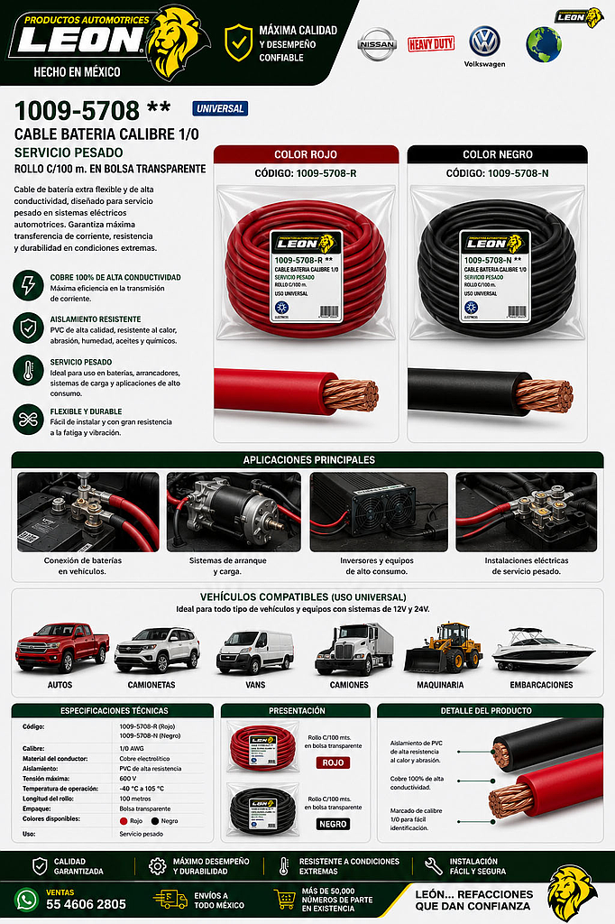 CABLE BATERIA CALIBRE 1/0 SERVICIO PESADO (ROLLO c/10 mt.)
