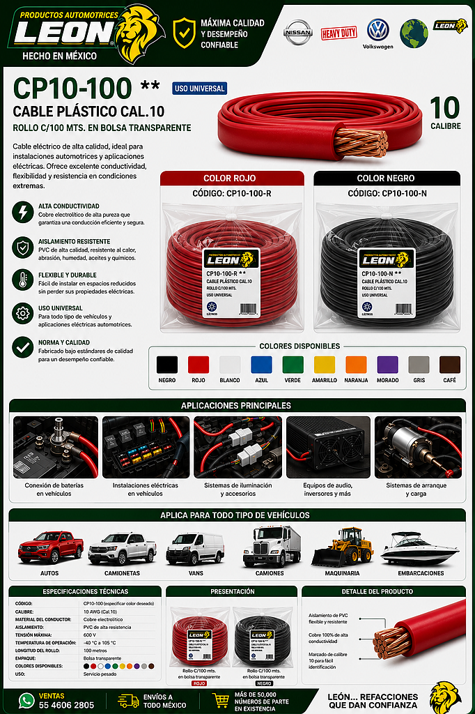 CABLE PLASTICO Cal.10 (ROLLO c/100 m.)