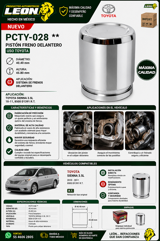PISTON F.D. HO2022 Ø: 40.40 mm A: 45.80 mm TOYOTA SIENNA 3.5L 10-11, 8500  D1391 R.T.