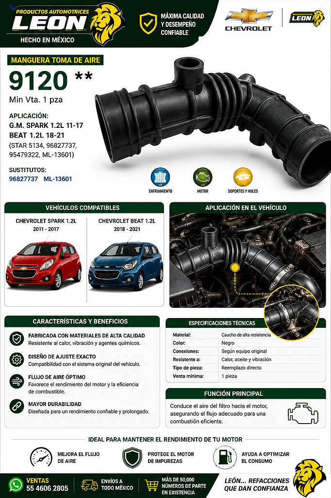 MANGUERA TOMA DE AIRE G.M. SPARK 1.2L 11-17, BEAT 1.2L 18-21 (STAR 5134, 96827737, 95479322, ML-13601)