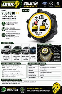 TAPON DEPOSITO ANTICONGELANTE FORD ESCAPE 3.0L SIN SENSOR 06-07 Y CON SENSOR 01-06, ESCAPE 2.0L 00-06, MAZDA TRIBUTE 00-06, 120 Kpa. 17 psi. (758808A, 78880AE, 788080B, F8RZ8100AA, YF0915205, YL8Z8100AA, 97BB8100AA, YL848100A, 130-014) QUEZADA