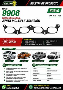 JUNTA MULTIPLE ADMISION NISSAN NV350 4C 2.5L 19-25, NP300 4C 2.5L 16-25, NP300 FRONTIER 4C 2.5L 16-25, NV250 4C 2.5L 19-25 QR25DE (14035ET80A) (LAMINADA)