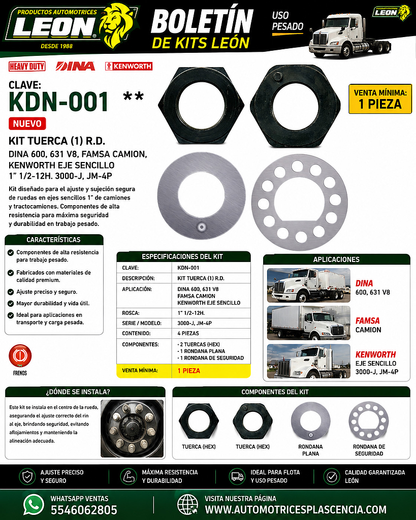 KIT TUERCA (1) R.D. DINA 600, 631 V8, FAMSA CAMION, KENWORTH EJE SENCILLO 1” 1/2-12H. 3000-J, JM-4P
