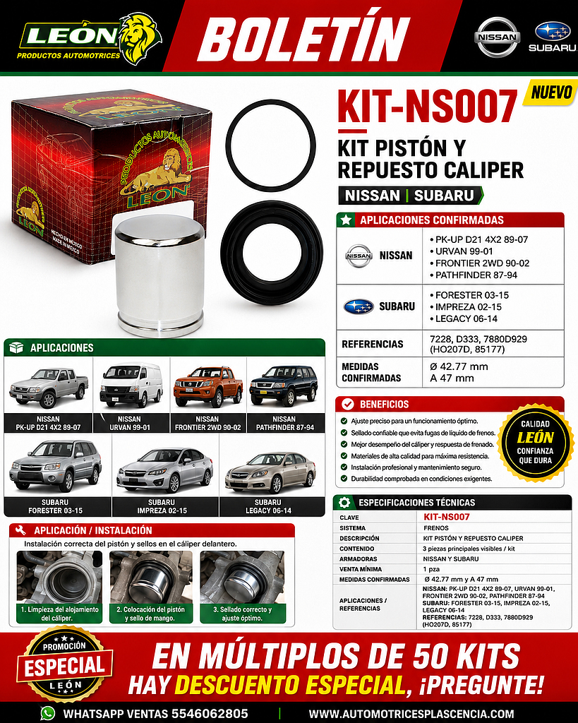 KIT PISTON Y REPUESTO CALIPER NISSAN PK-UP D21 4X2 89-07, URVAN 99-01, FRONTIER 2WD 90-02, PATHFINDER 87-94, SUBARU FORESTER 03-15, IMPREZA 02-15, LEGACY 06-14 7228 D333, 7880D929 (HO207D, 85177) Ø: 42.77 mm A: 47 mm